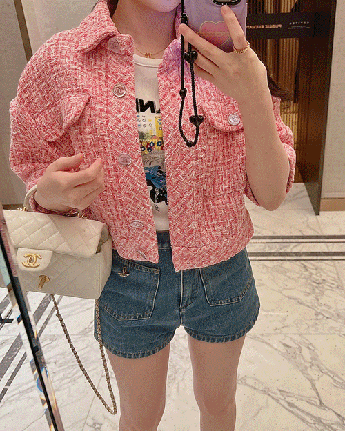 핑쿠 반팔 트위드 재킷